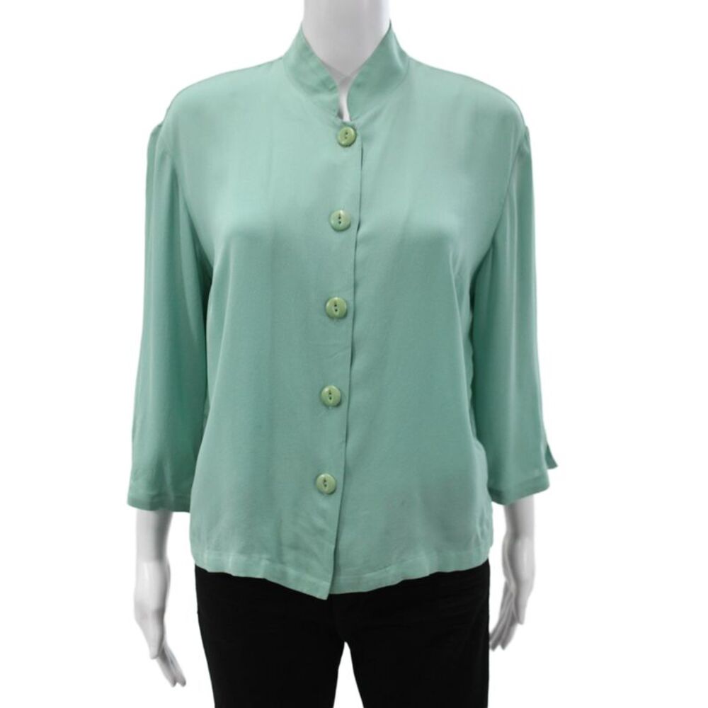 Harari Women Green Mock Neck Button Up Blouse 3/4 Sleeve 90s Size M